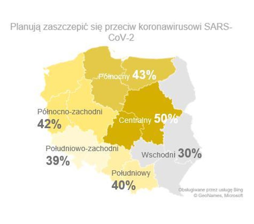 Procent zwolenników szczepień w poszczególnych województwach