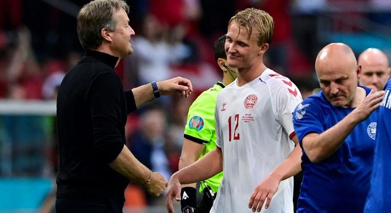 Kasper Hjulmand (L) called Kasper Dolberg (C) a star striker after his brace against Wales Creator: Olaf Kraak