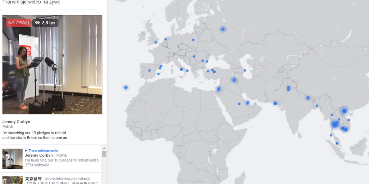 Mapa relacji live na Facebooku