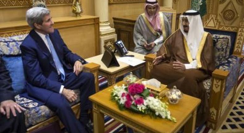 U.S. Secretary of State John Kerry (L) meets with King Salman of Saudi Arabia (R) in Diriyah Farm, Saudi Arabia, October 24, 2015.