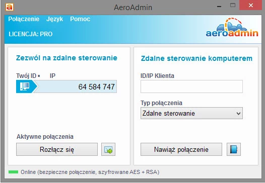 Główne okno programu do pulpitu zdalnego - Aeroadmin Pro