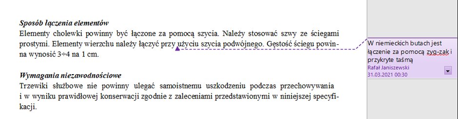 Fragment specyfikacji z komentarzem mówiącym, że "w niemieckich butach jest łączenie za pomocą zyg-zag i przykryte taśmą"