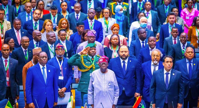 President Bola Tinubu at the AU meeting in Kenya. [Presidency]