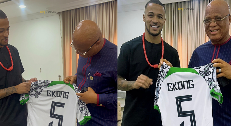 William Troost-Ekong presents jersey to his Governor Umo Eno [BFA]
