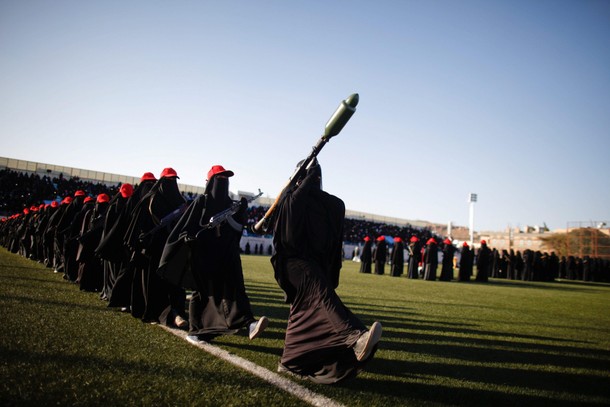 Women loyal to the Houthi movement parade to show support to the movement in Sanaa, Yemen