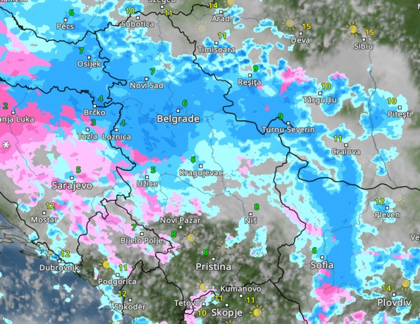 Kretanje padavina u petak u 12 časova 