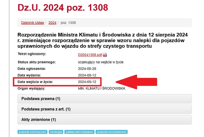 Rozporządzenie Ministra Klimatu i Środowiska z dnia 12 sierpnia 2024 r. zmieniające rozporządzenie w sprawie wzoru nalepki dla pojazdów uprawnionych do wjazdu do strefy czystego transportu