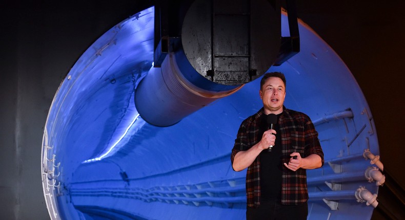 Elon Musk, co-founder and chief executive officer of Tesla Inc., speaks during an unveiling event for the Boring Company Hawthorne test tunnel in Hawthorne, south of Los Angeles, CaliforniaROBYN BECK/AFP via Getty Images