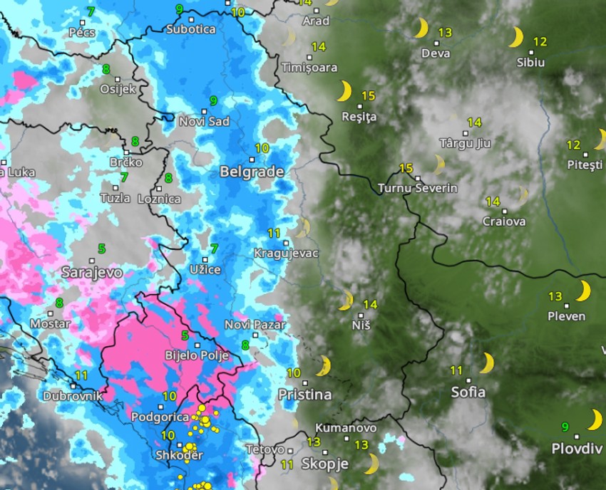 Kretanje padavina sutra u 20 časova 