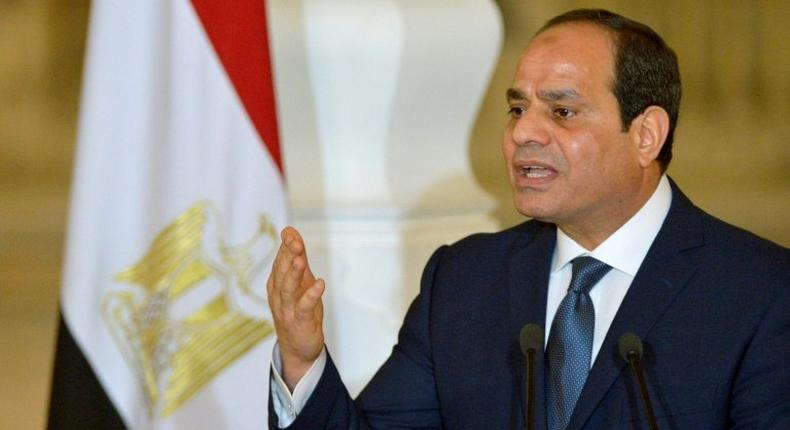 Egyptian President Abdel Fattah al-Sisi speaks at a press conference with German Chancellor Angela Merkel, following their meeting at the Presidential Palace in Cairo on March 2, 2017