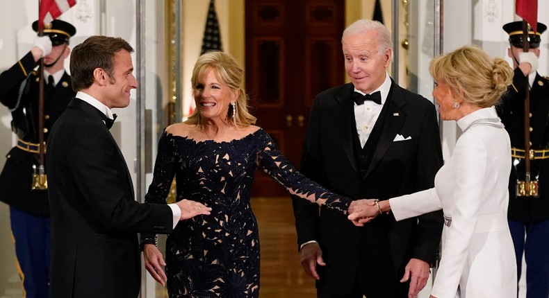 President Joe Biden and first lady Jill Biden greet French President Emmanuel Macron and his wife Brigitte Macron as they arrive for a State Dinner on the North Portico of the White House in Washington, Thursday, Dec. 1, 2022.AP Photo/Patrick Semansky