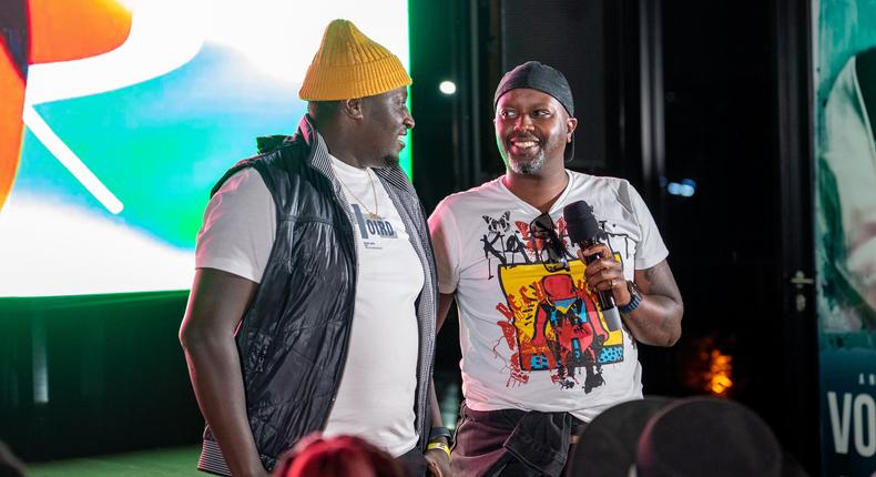 Tosh Gitonga (R) with Terence Creative during the official premiere of the Volume Series at EABL Terence is part of the cast of the series that premiered on Netflix yesterday