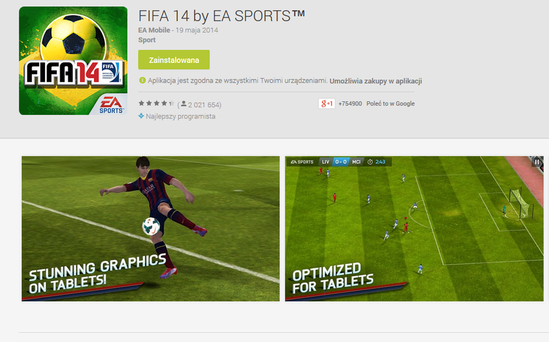 <b>FIFA 14</b>
<br><br>
W przerwie pomiędzy poszczególnymi spotkaniami można samemu wybiec na wirtualne boisko. Pomoże nam w tym mobilna wersja najpopularniejszej gry piłkarskiej na świecie. Jej wielkimi zaletami są grywalność, przyzwoita oprawa graficzna oraz aktualne składy drużyn występujących na Mistrzostwach Świata w Brazylii. Gra dostępna jest za darmo - choć nie do końca. Za dodatkowe tryby rozgrywki przyjdzie nam bowiem zapłacić za pośrednictwem mikropłatności.