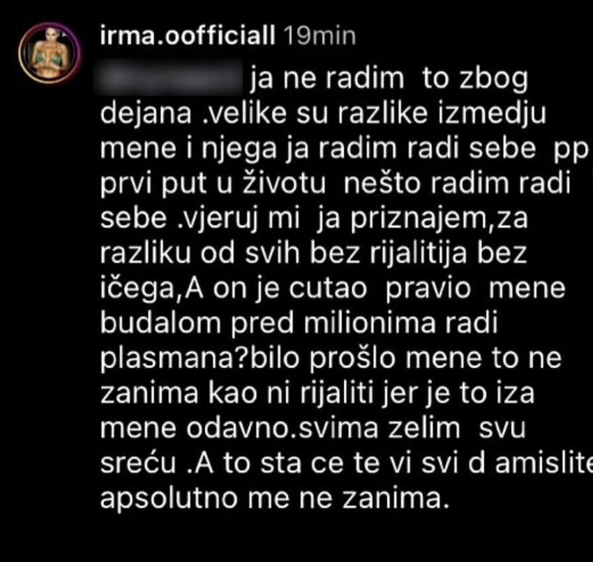 Irmina objava na društvenim mrežama