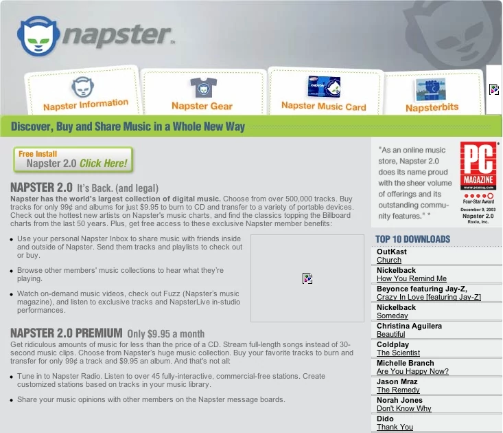 Strona główna Napster.com, 2004 rok