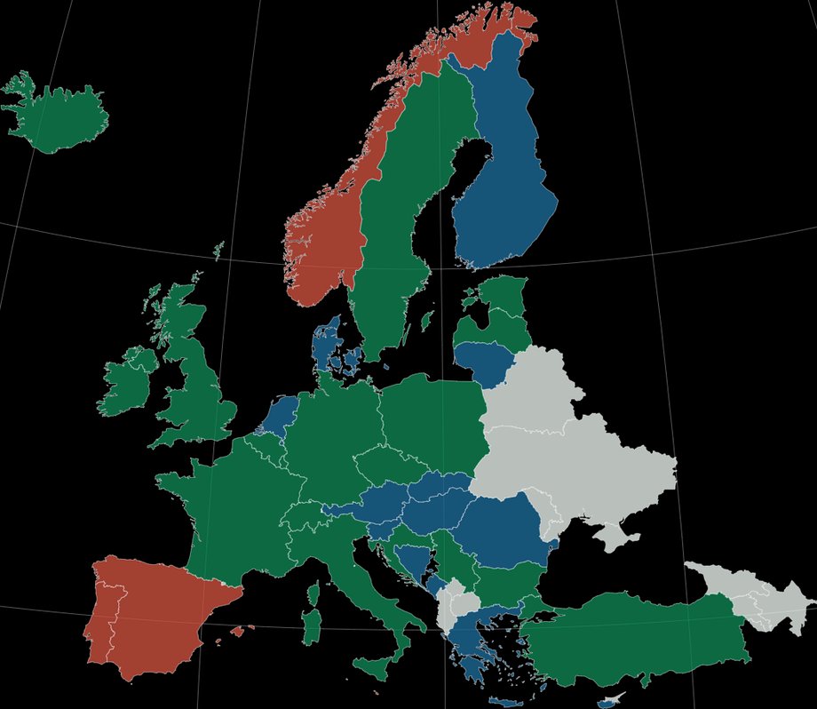 Granice zamknięte (czerwone), granice otwarte (zielone) w Europie po koronawirusie