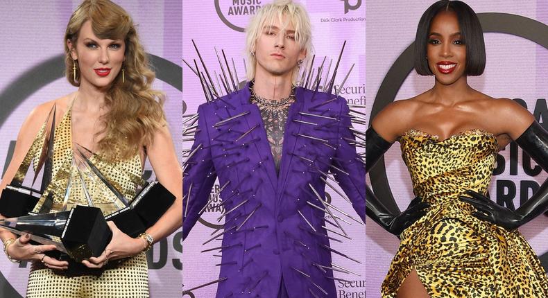 Taylor Swift, Machine Gun Kelly, and Kelly Rowland on the red carpet at the American Music Awards on November 20, 2022.ABC via Getty Images, Taylor Hill/FilmMagic via Getty Images, LISA O'CONNOR/AFP via Getty Images