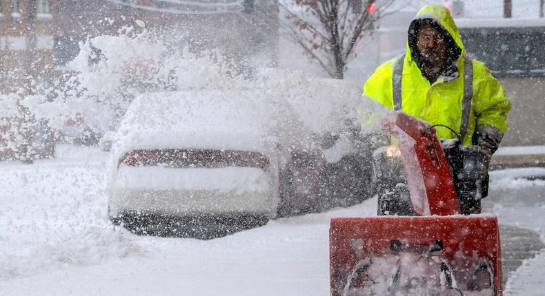 The snowstorm resulted in a fatal auto accident and left more than 200,000 people without power on Sunday, Reuters reports.