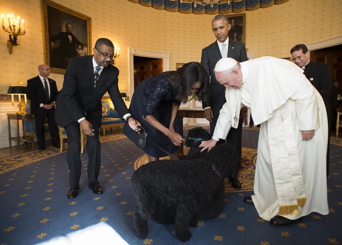 Papież Franciszek głaszcze Bo i Sunny'ego, psy państwa Obamów