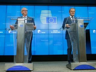 Jean-Claude Juncker, przewodniczący Komisji Europejskiej i Donald Tusk, przewodniczący Rady Europejskiej. Bruksela, 21 marca 2019 r.