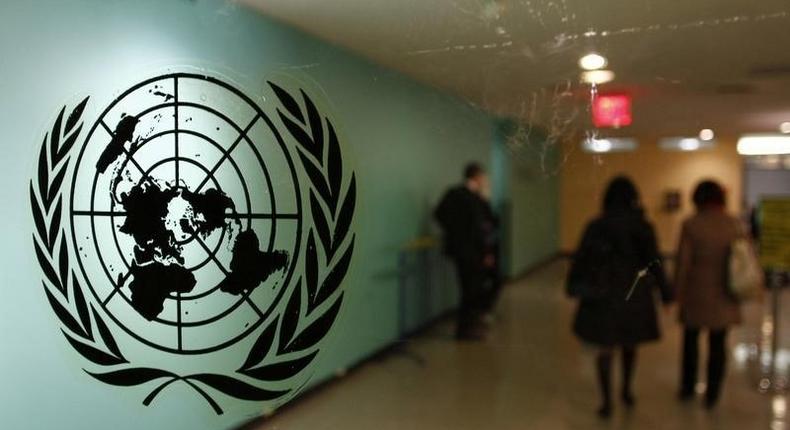 The United Nations logo is displayed on a door at U.N. headquarters in New York February 26, 2011. 