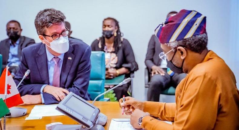 Speaker of the House of Representatives Hon. Femi Gbajabiamila and the Acting High Commissioner of Canada to Nigeria, Mr Nicolas Simard. [@FemiGbaja]