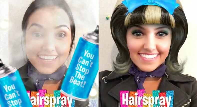 NBC's Snapchat ads included a sponsored selfie lens for the Hairspray musical.