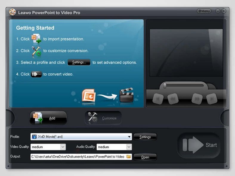 Główne okno programu do konwersji prezentacji PowerPoint - Leawo PowerPoint to Video Pro