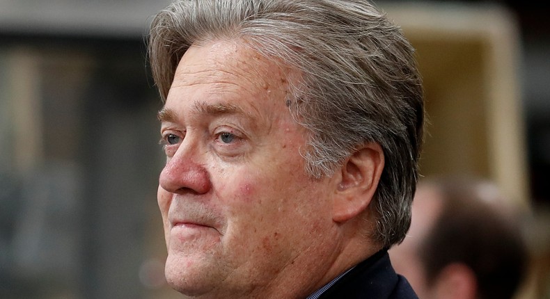 Steve Bannon, chief White House strategist to President Donald Trump tours The AMES Companies, Inc., with the president in Harrisburg, Pa., Saturday, April, 29, 2017.