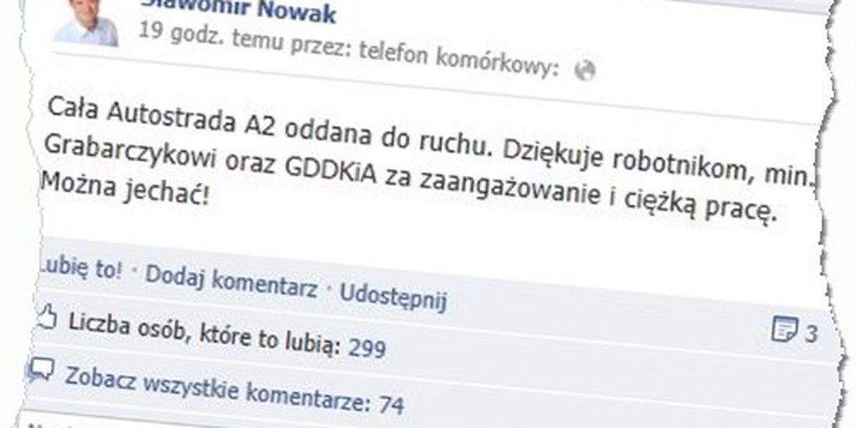 Nowak był szybszy od Tuska! Otworzył autostradę na Facebooku!