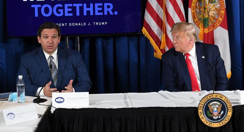 President Donald Trump and Florida Gov. Ron DeSantis hold a COVID-19 and storm preparedness roundtable in Belleair, Florida, on July 31, 2020.