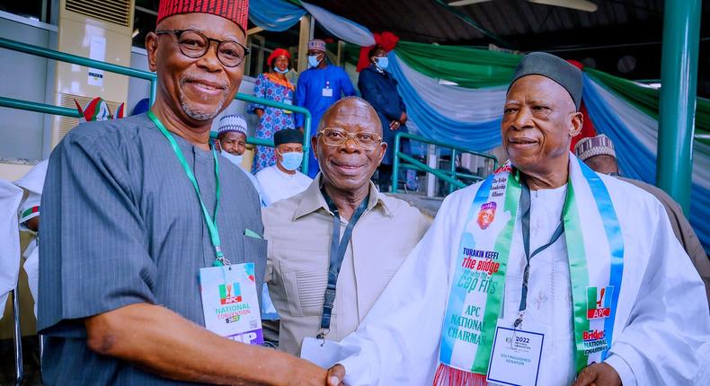 From left: Former APC National Chairmen John Odigie-Oyegun, Adams Oshiomhole and current Chairman, Abdullahi Adamu. 