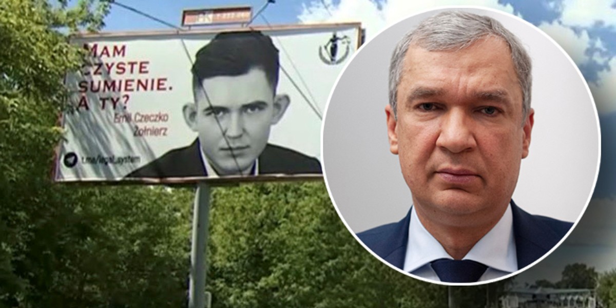 Paweł Łatuszka (na zdjęciu w kółku po prawej stronie) opisał nam postać Dymitra Bieliakowa, który odpowiada za ustawienie billboardów z Emilem Czeczką (na bilbordzie z lewej strony).