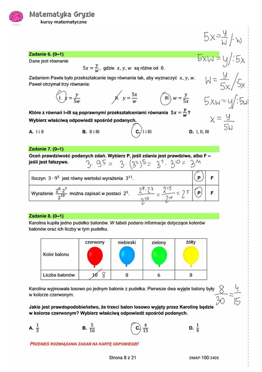 Egzamin ósmoklasisty 2024. Matematyka. Arkusz CKE. Zadanie 6,7 i 8