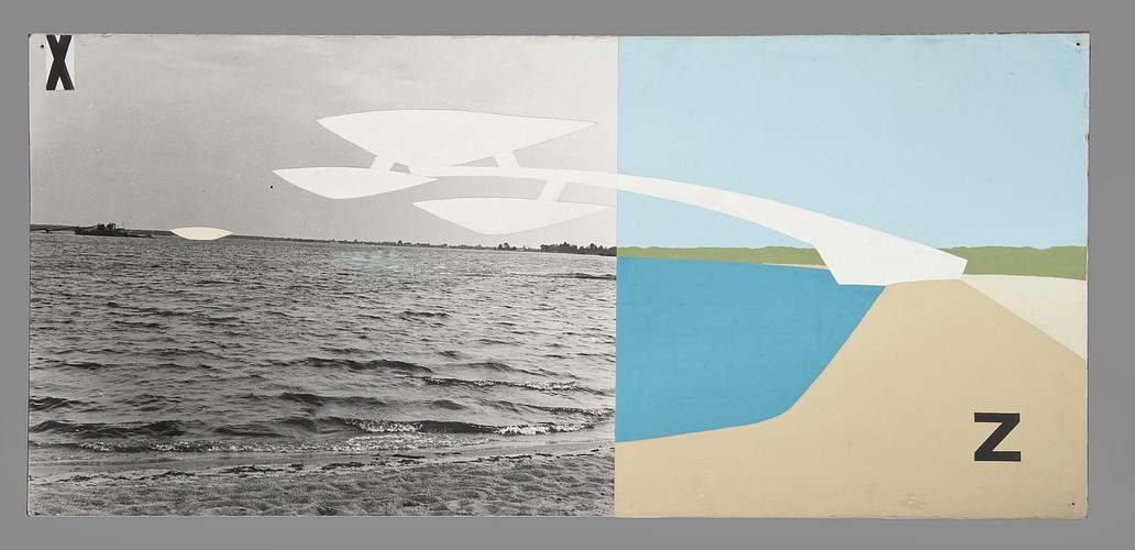 Teresa Brzóskiewicz, Janusz Laudański, Tadeusz Wencel Projekt filii Muzeum Narodowego na Zalewie Zegrzyńskim, 1971 kolaż, fotografia, druk, gwasz, papier na sklejce, 50 × 110 cm,  Muzeum Narodowe w Warszawie