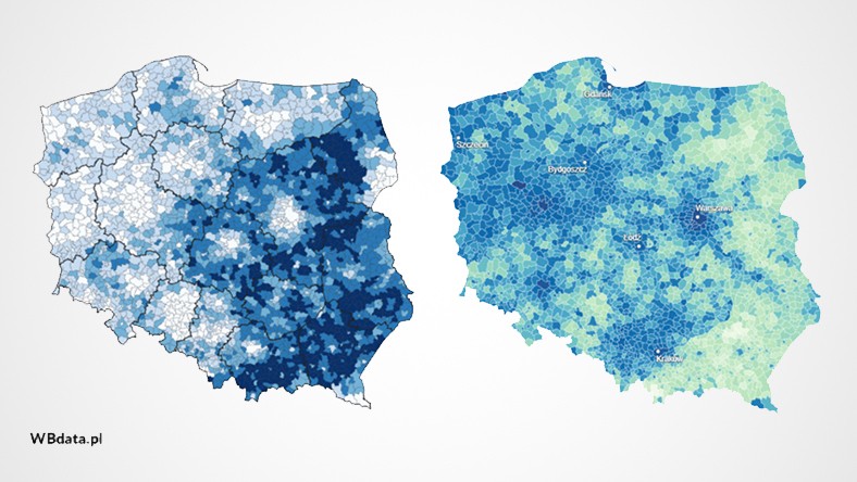 Mapa po lewej stronie pokazuje poparcie dla Zjednoczonej Prawicy w ostatnich wyborach parlamentarnych w 2019 r. Im ciemniejszy kolor, tym wyższe poparcie dla PiS i koalicjantów. Mapa po prawej stronie pokazuje poziom wyszczepienia z podziałem na gminy. Im jaśniejszy kolor, tym niższy odsetek zaszczepionych. Mapy opracowane przez zespół BIQdata.pl z Wyborcza.pl, na podstawie danych rządu i PKW