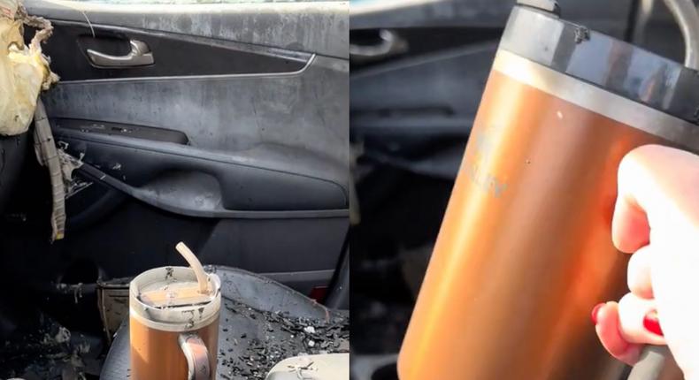 A Stanley cup appears to have survived a car fire in a TikTok video.danimarielettering/TikTok