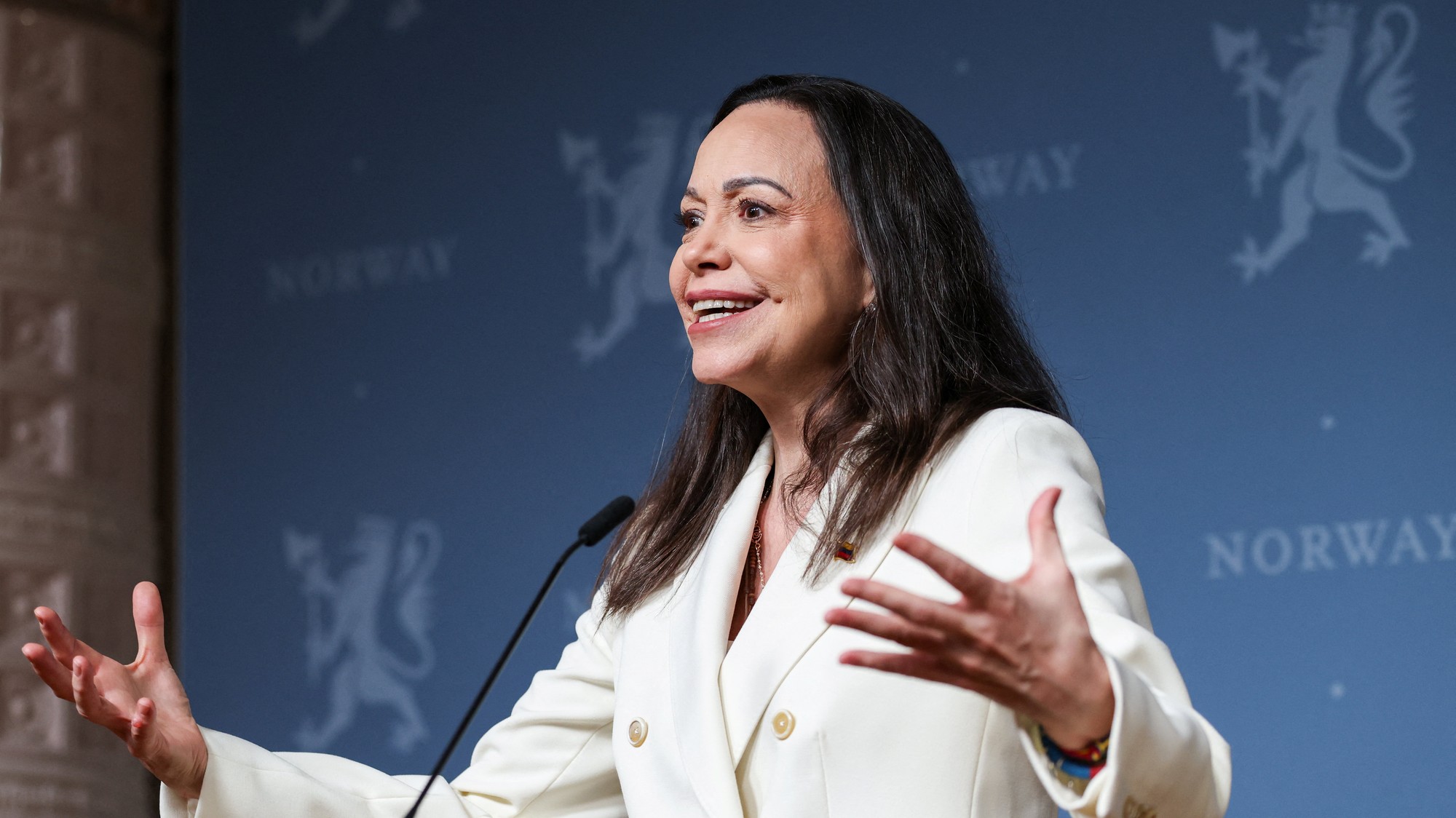 María Corina Machadová počas tlačovej konferencie v Osle