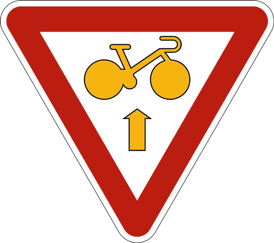 Belgijski saobraćajni znak za bicikliste koji dozvoljava prelazak ukoliko nema vozila na kolovozu