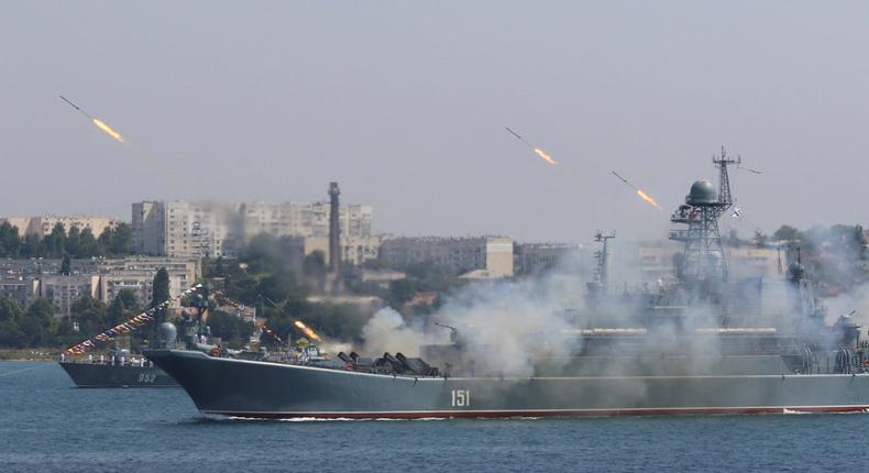 The Russian large landing ship Azov fires missiles during a rehearsal for the Navy Day parade in the Black Sea port of Sevastopol, Crimea, July 27, 2017.