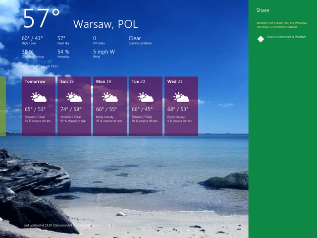Windows8 - Pogoda dla Warszawy. Piękny widok, choć to chyba nie Wisła.