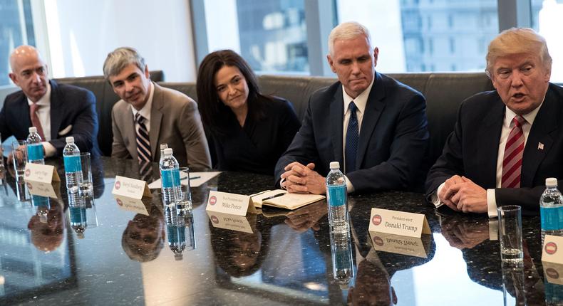 Titans of tech Jeff Bezos, Larry Page, and Sheryl Sandberg join other Silicon Valley leaders during a meeting with Vice President Mike Pence and President Donald Trump in Trump Tower in New York.