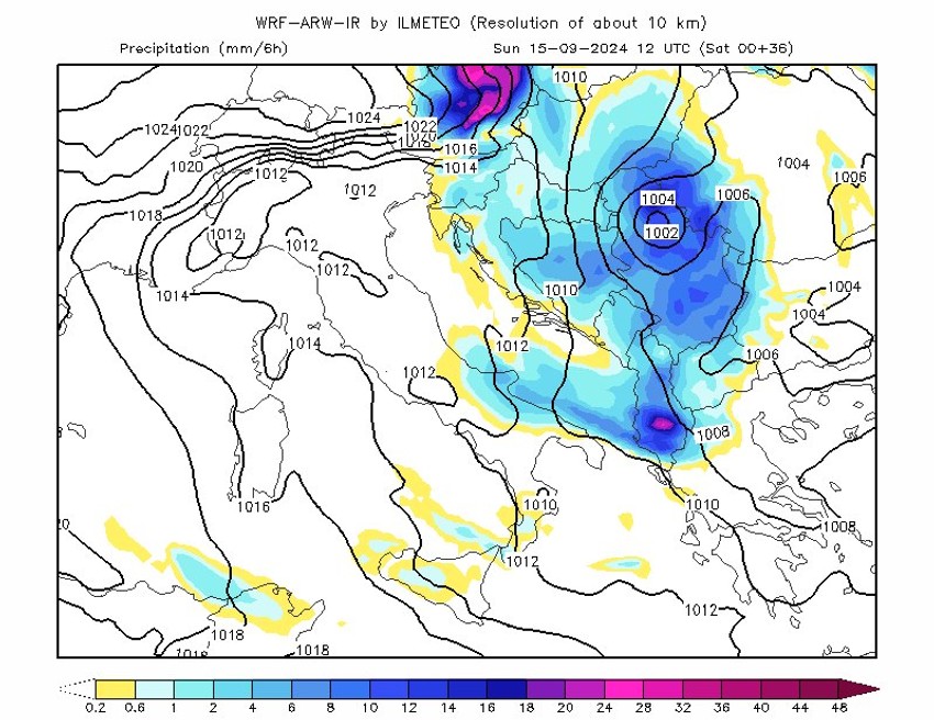 Mapa kretanja ciklona Boris po Srbiji u 12 sati