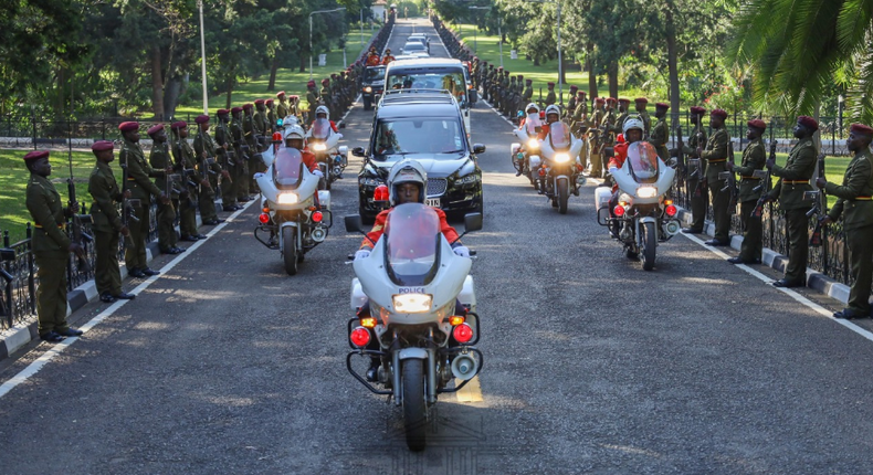 The cortege of the late former President Daniel Moi arrives at State House, Nairobi ahead of the State Memorial Service at Nyayo National Stadium.