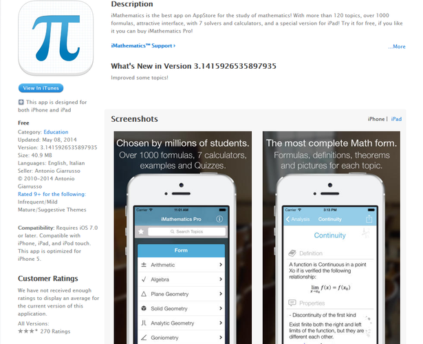 <b>iMathematics</b>
<br><br>
Prawdziwe kompendium wiedzy na temat królowej nauk. iMathematics daje nam dostęp do ponad 120 tematów oraz 700 formuł i definicji. Dodatkowym atutem aplikacji jest wbudowany kalkulator graficzny. Szkoda tylko, że aplikacja jest dostępna jedynie w angielskiej wersji językowej.