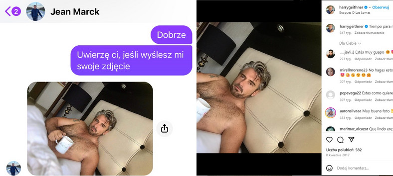 Po lewej kadr z rozmowy z oszustem, po prawej zrzut ekranu z Instagrama Harry'ego Geithnera