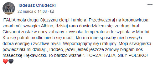 Tadeusz Chudecki stracił szwagra przez koronawirusa