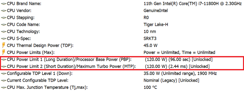Hyperbook Pulsar V17 – konfiguracja limitów mocy Intel Core i7-11800H w trybie Turbo według HWiNFO64