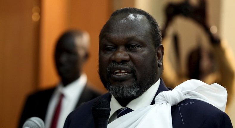 South Sudan's opposition leader Riek Machar speaks during a briefing ahead of his return to South Sudan as vice president, in Ethiopia's capital Addis Ababa, April 9, 2016. 