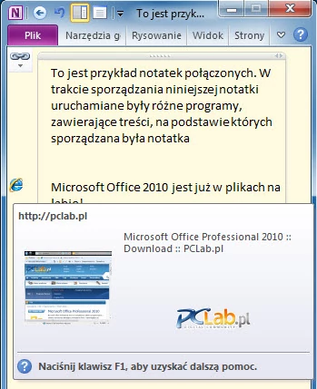 MS OneNote 2010 – notatka połączona z aktywnym elementem (odsyłaczem)